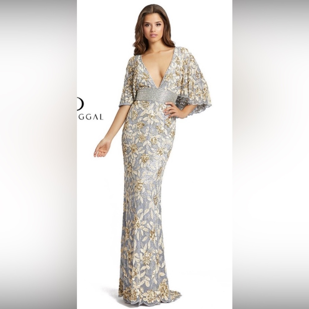 Mac Duggal Silver and Gold Floral Maxi Dress